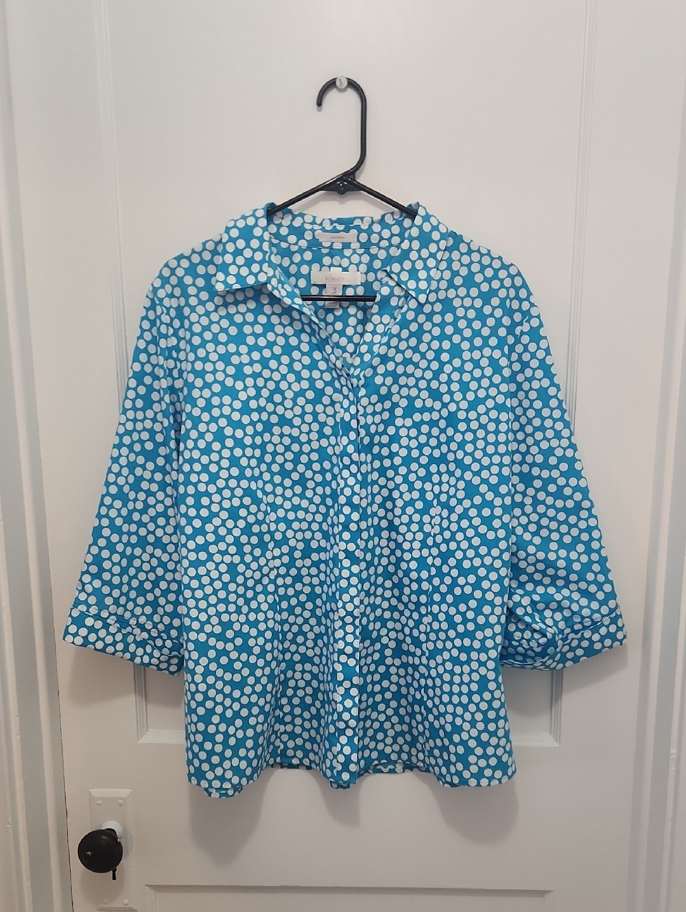Chico's Blue Dot No Iron 100% Cotton Blouse Size 3 (US XL)